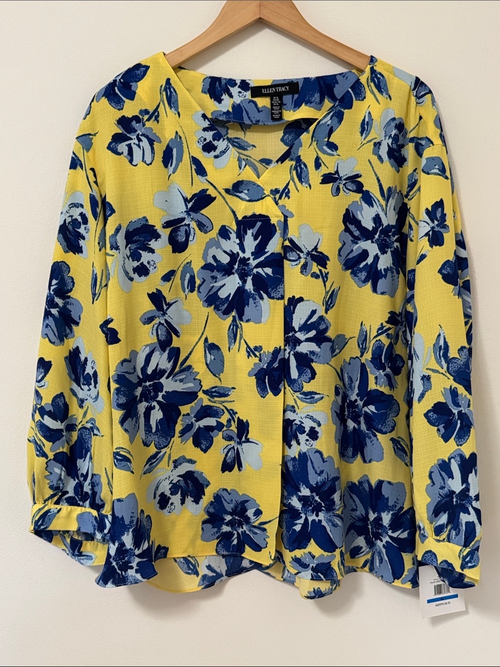 Ellen Tracy Yellow Blouse with Blue Floral Print